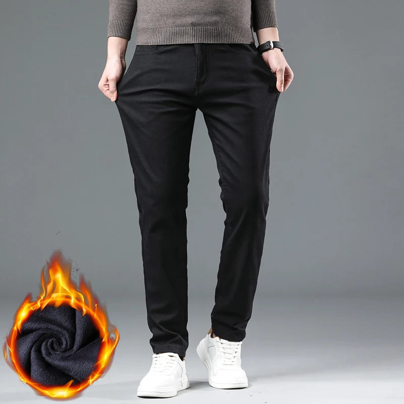 Fleece Pants Men's Winter Thick Slim Elastic Business Casual Velvet Pants Warm Fashion Solid Color Plush Trousers Male