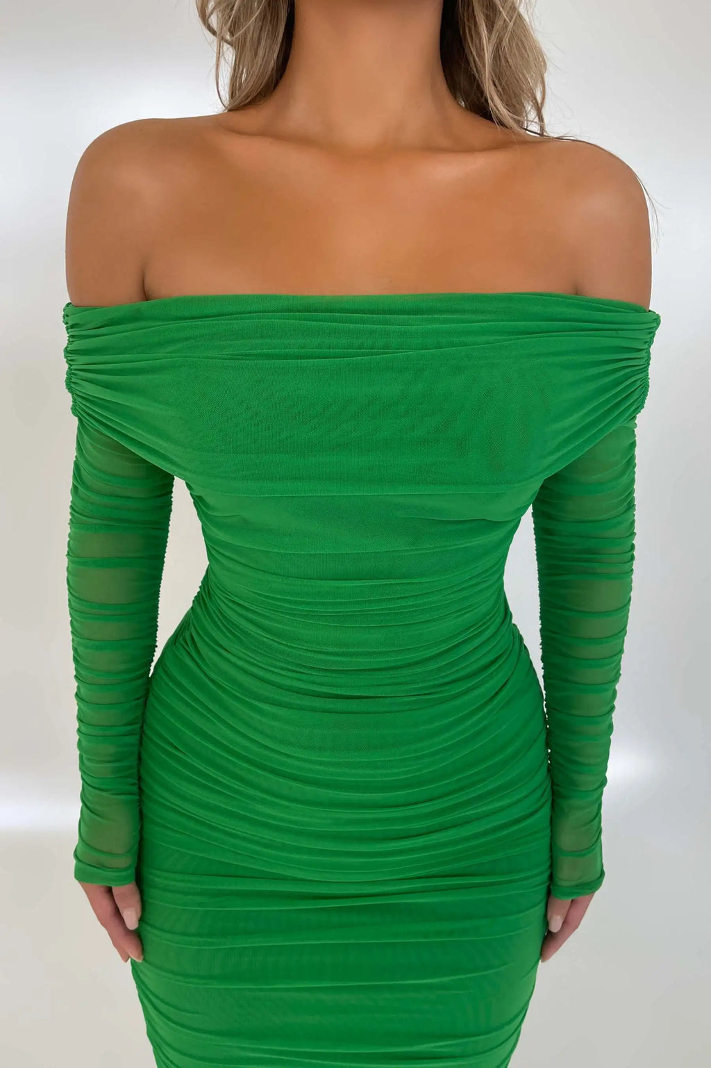 Articat Elegant One Shoulder Mesh Patchwork Long Sleeve Party Evening Dress