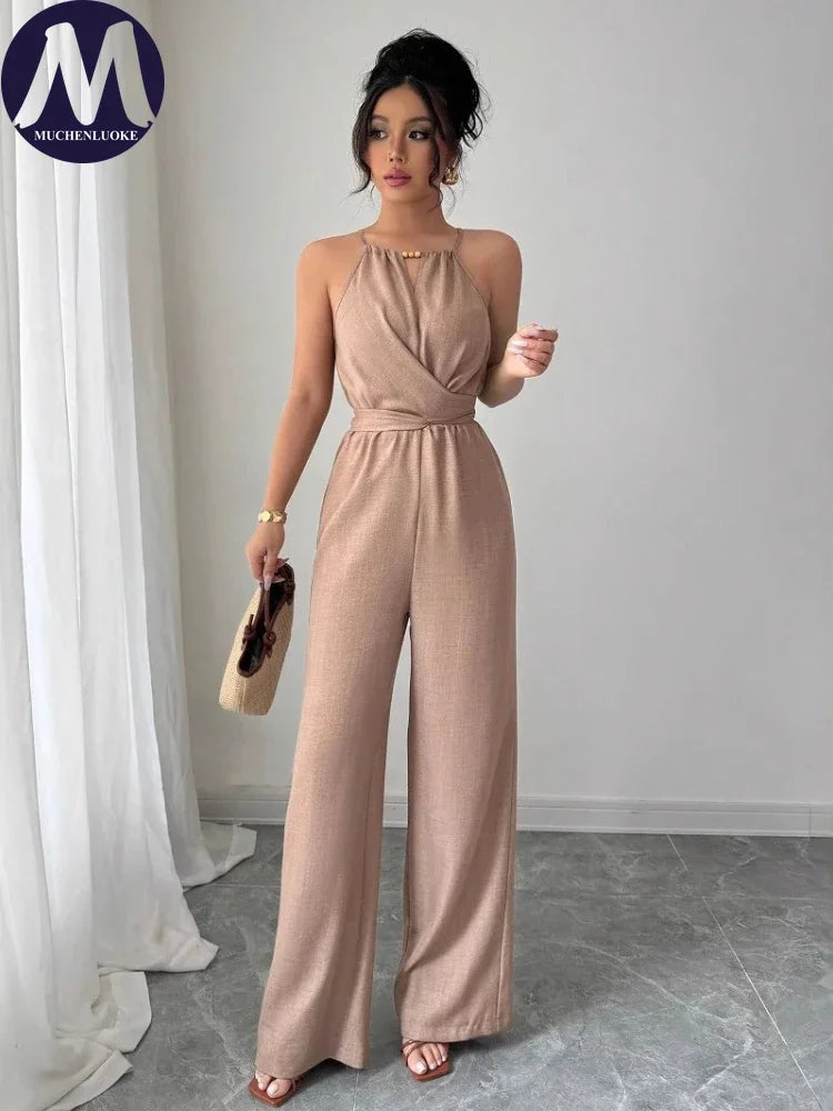 Woman Jumpsuits Elegant Summer Fold Off Shoulder Beads Jumpsuits Fashionable Slim Fit Belt Button High Waist Wide Legs Jumpsuits