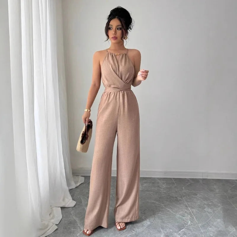 Women's Casual Halter Jumpsuit Spring and Summer Daily Solid Slim-Fit Backless Sleeveless Jumpsuit Lady's Floor-Length Trousers