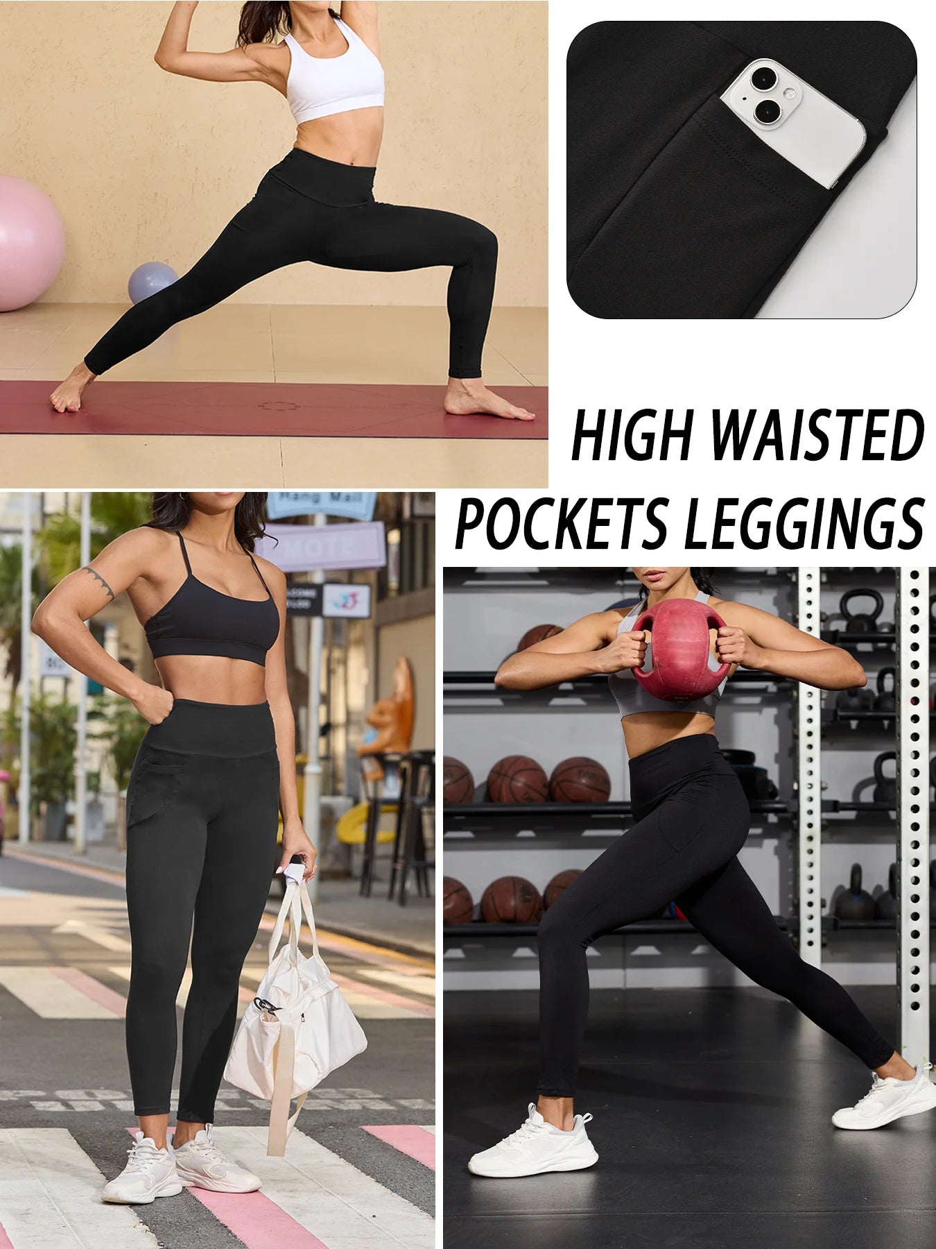 Women's Winter Thermal Leggings with Pockets - High Waisted Fleece Lined Tummy Control Thick Warm Tights for Workout Running