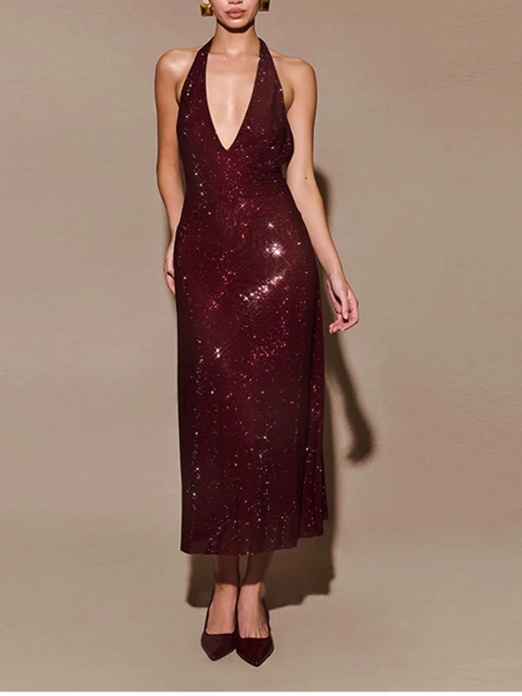 Women's Elegant Maxi Dress, Red, Shinny with Diamonds, A-Line Deep V Neck, Sleeveless Dress