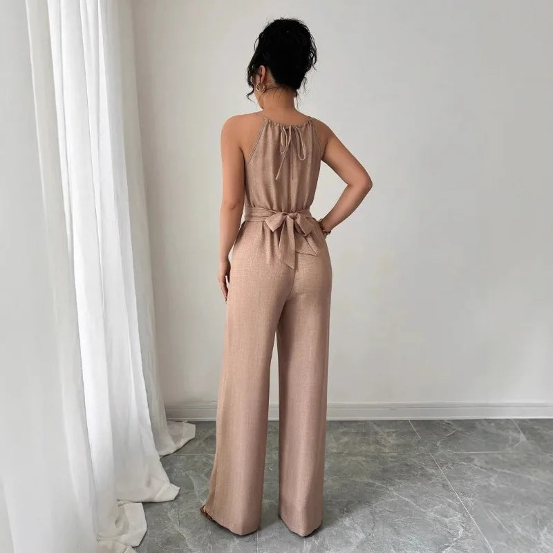 Women's Casual Halter Jumpsuit Spring and Summer Daily Solid Slim-Fit Backless Sleeveless Jumpsuit Lady's Floor-Length Trousers