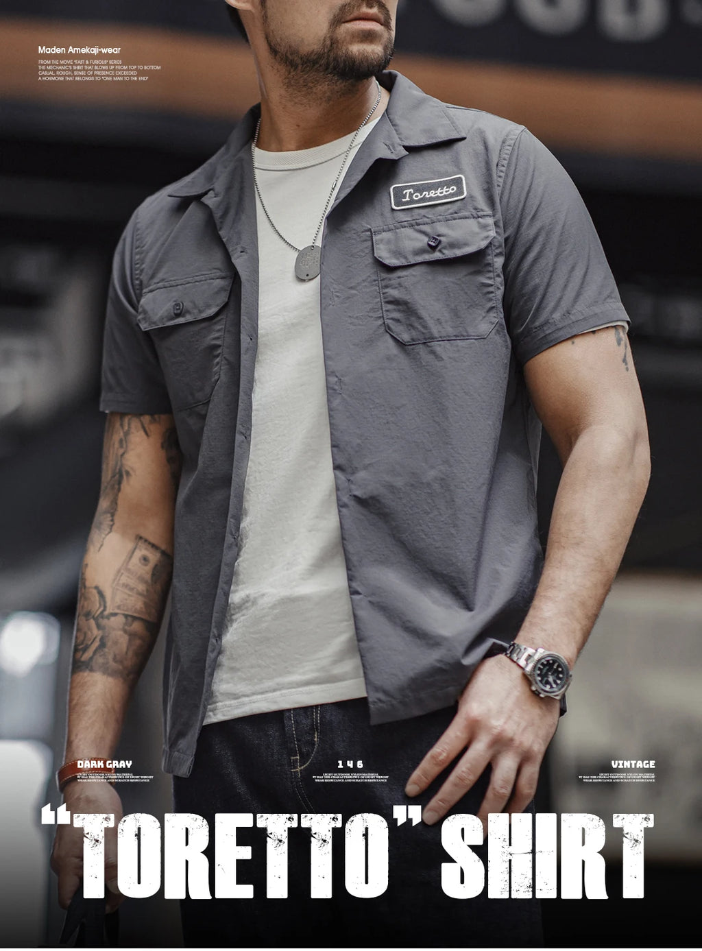 Maden Retro Toretto Short-sleeved Shirt Dark Gray Single-Breasted Large Size Lapel Thin Shirt for Men's Summer Tops