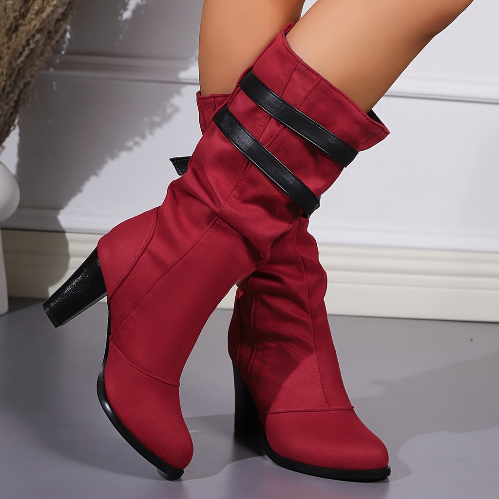 Womens Slouchy Boots - Chunky Block Heel, Mid-Calf Length, Adjustable Double Buckle Strap, Ultra-Comfy High Heel for All-Day Wear -