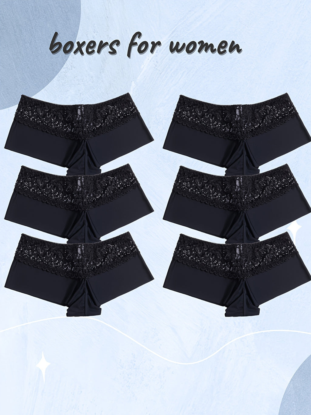 6pcs Lace-Stitched Boyshorts - Ultra-Soft & Seamless, Flexible Fit Underwear - Stylish Womens Lingerie for Everyday Comfort