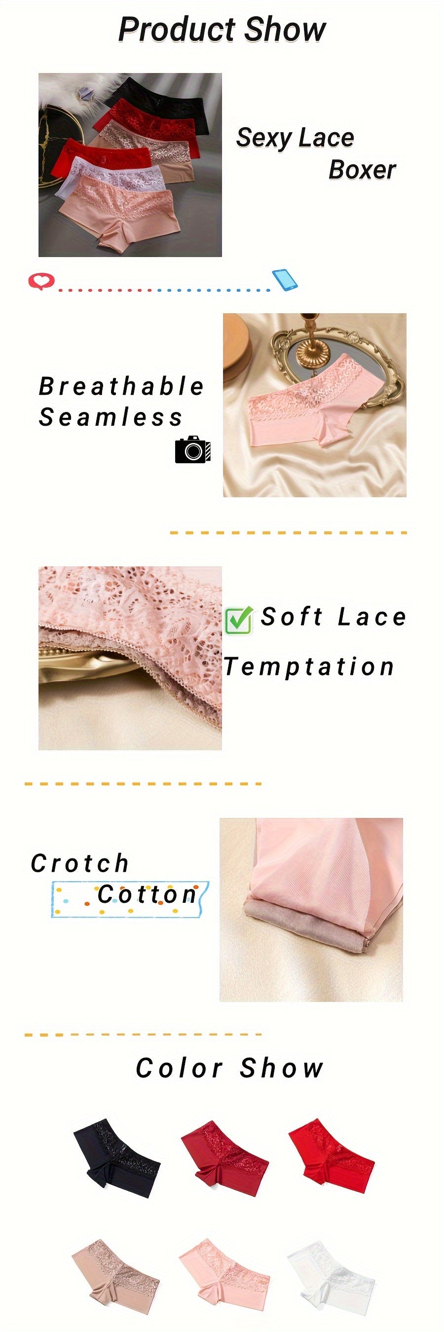 6pcs Lace-Stitched Boyshorts - Ultra-Soft & Seamless, Flexible Fit Underwear - Stylish Womens Lingerie for Everyday Comfort