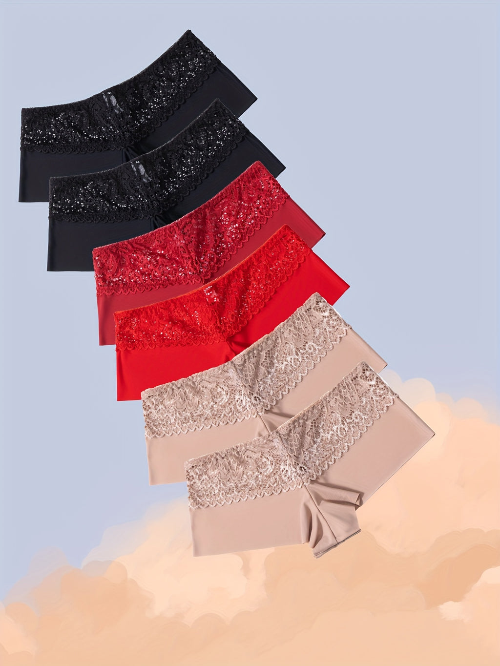 6pcs Lace-Stitched Boyshorts - Ultra-Soft & Seamless, Flexible Fit Underwear - Stylish Womens Lingerie for Everyday Comfort