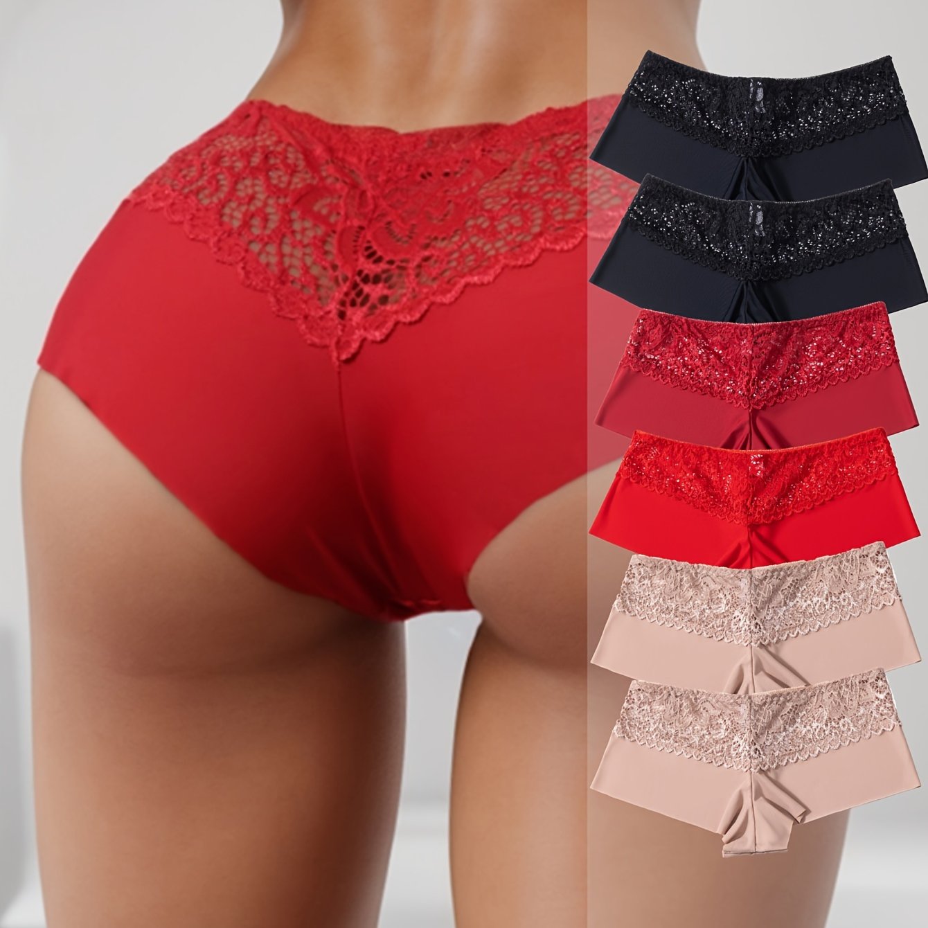 6pcs Lace-Stitched Boyshorts - Ultra-Soft & Seamless, Flexible Fit Underwear - Stylish Womens Lingerie for Everyday Comfort
